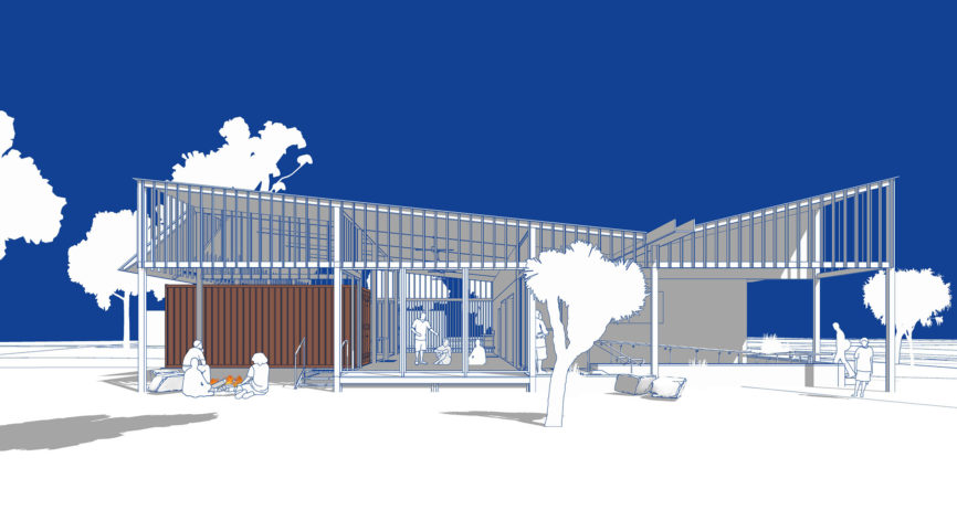 The slightly elevated work deck is a space for gathering and woodworkding. The space is oriented to maximise the cooling wet season breezes while protecting from the cooler dry breezes.